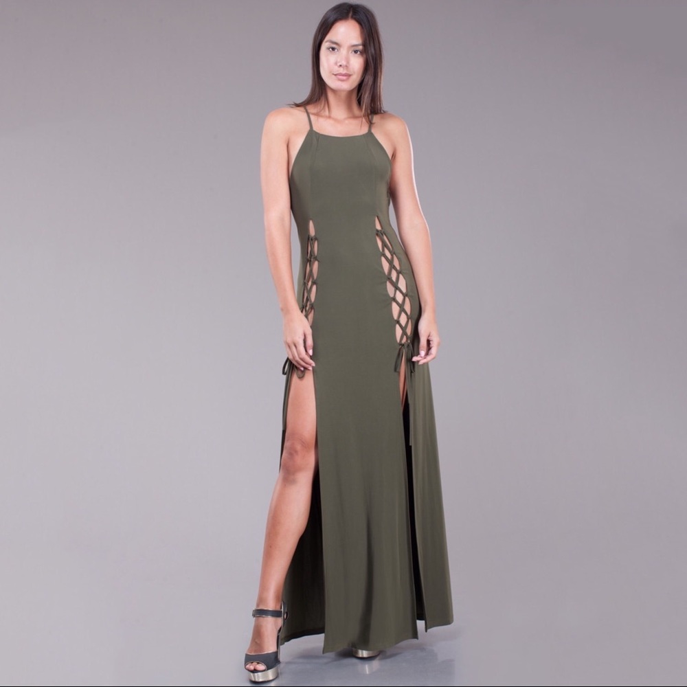 Last 1! Olive Lace Up High Slit Criss Cross Maxi Dress - Picture 3 of 8